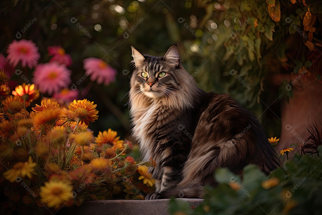 Gato majestoso descansa no jardim com borboletas.