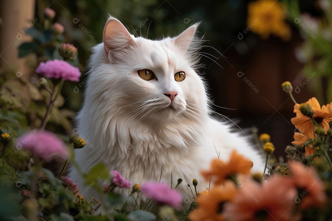 Gato majestoso descansa no jardim com borboletas.