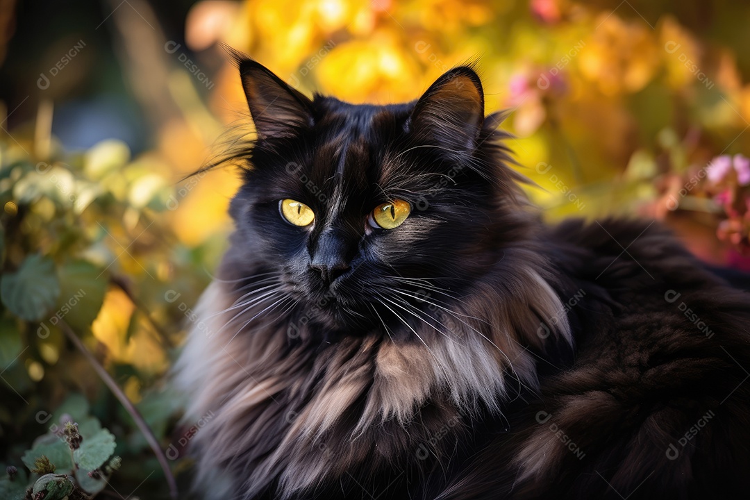 Gato majestoso descansa no jardim com borboletas.