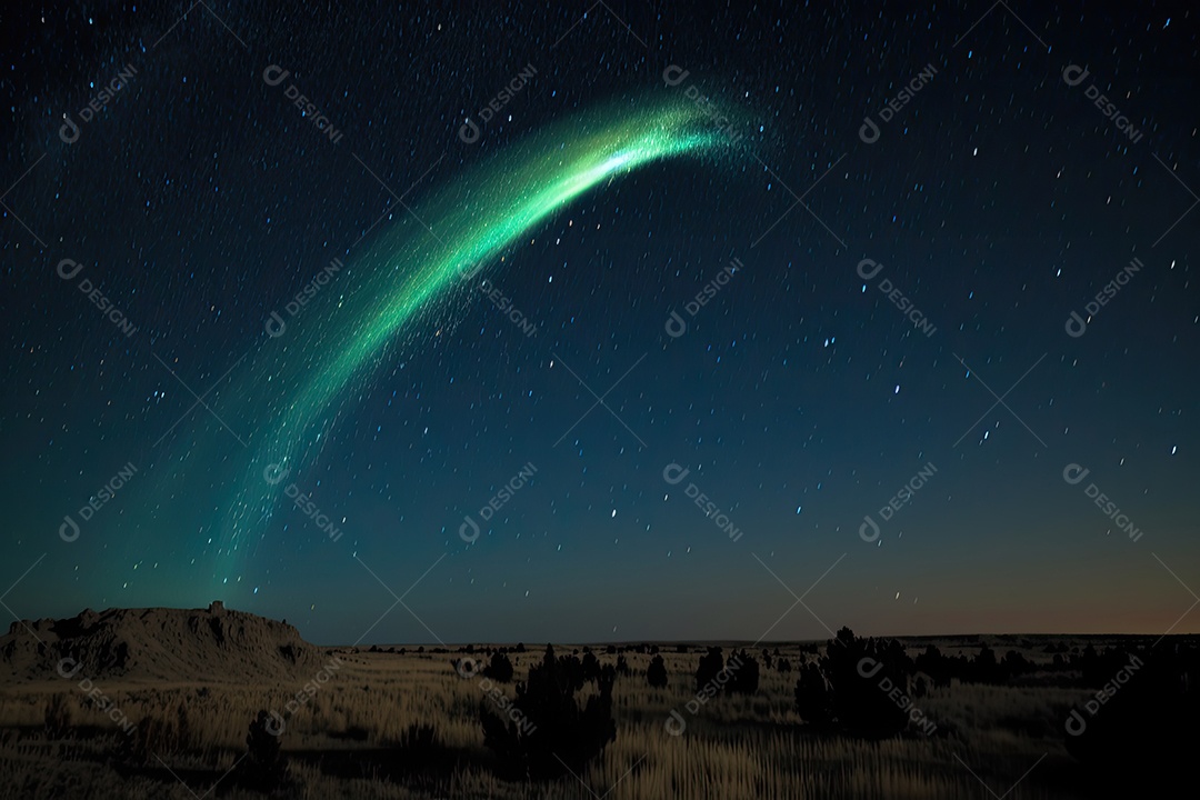 Cometa majestoso rasgando o céu noturno com cauda brilhante.