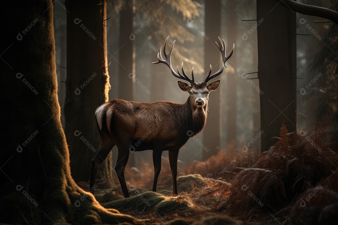 Cervos majestosos emergem na floresta ao entardecer.