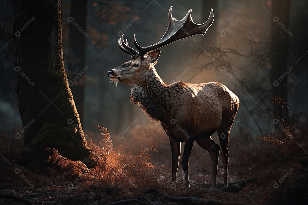 Cervos majestosos emergem na floresta ao entardecer.