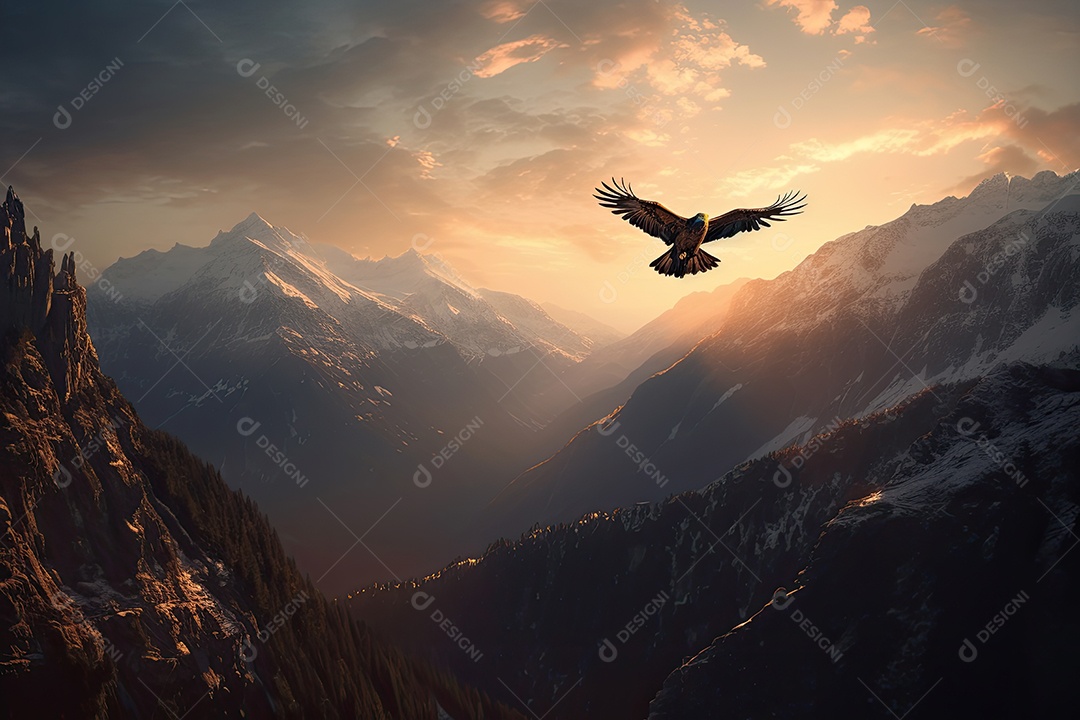 Águia majestosa voando sobre picos de montanhas ao entardecer.