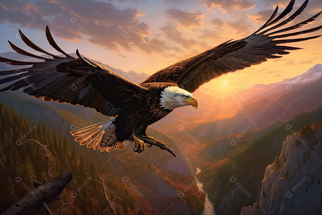 Águia majestosa voando sobre picos de montanhas ao entardecer.