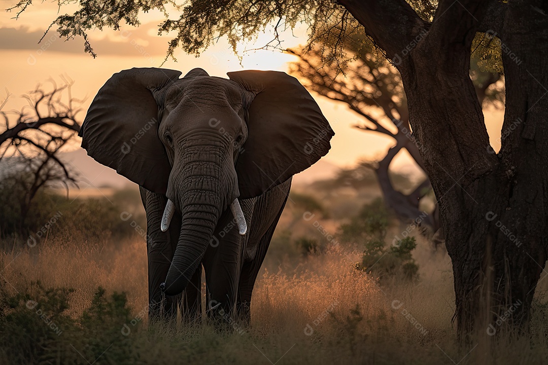 Elefante majestoso na savana africana sob o pôr do sol dourado.