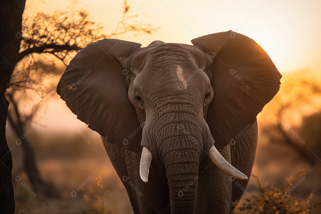 Elefante majestoso na savana africana sob o pôr do sol dourado.