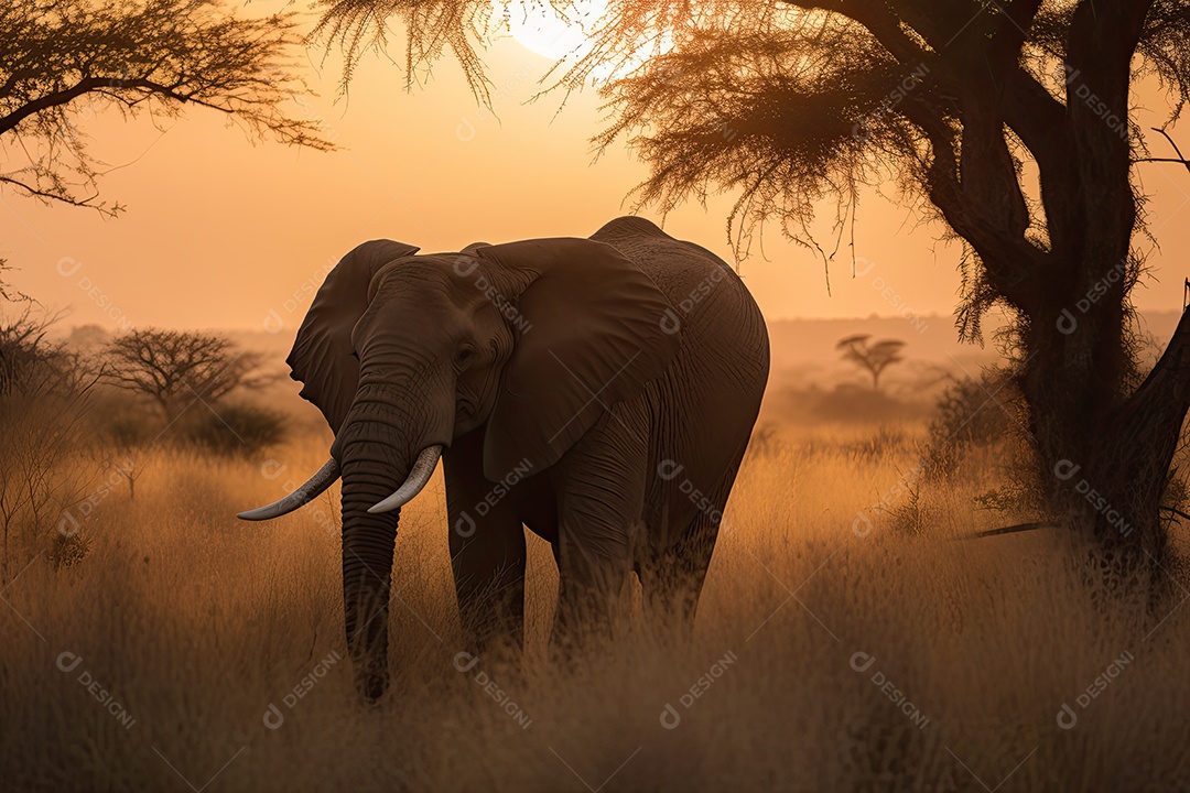 Elefante majestoso na savana africana sob o pôr do sol dourado.