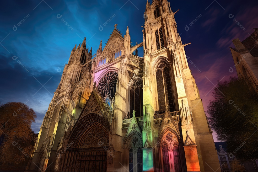 Imponente basílica gótica, vitrais coloridos e pilares majestosos.