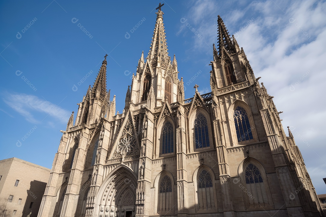 Imponente basílica gótica, vitrais coloridos e pilares majestosos.
