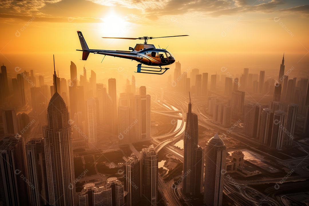 Majestoso helicóptero pairando sobre arranha-céus urbanos.