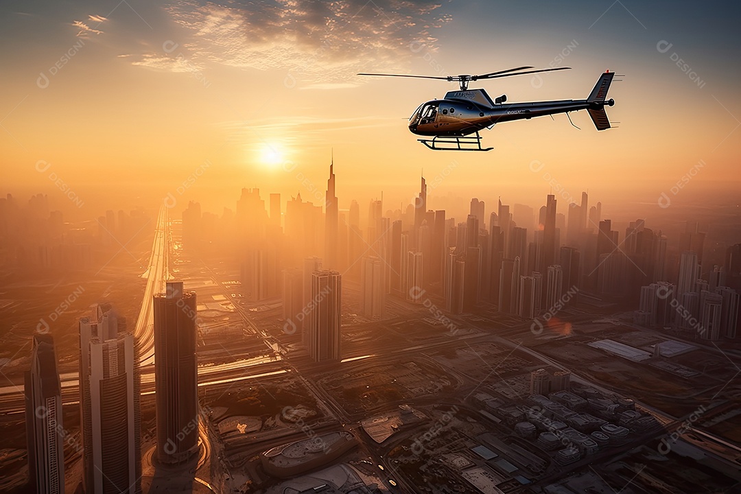 Majestoso helicóptero pairando sobre arranha-céus urbanos.