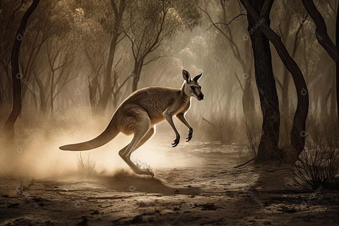 Majestoso canguru salta no Outback australiano