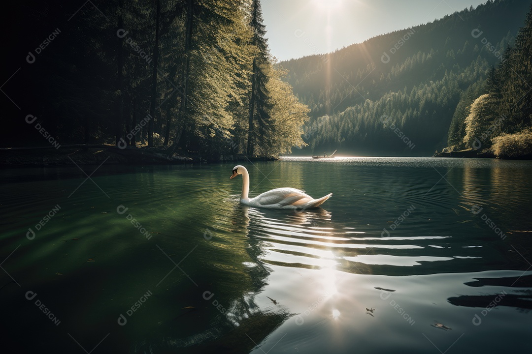 Cisne solitário deslizando em um lago sereno.