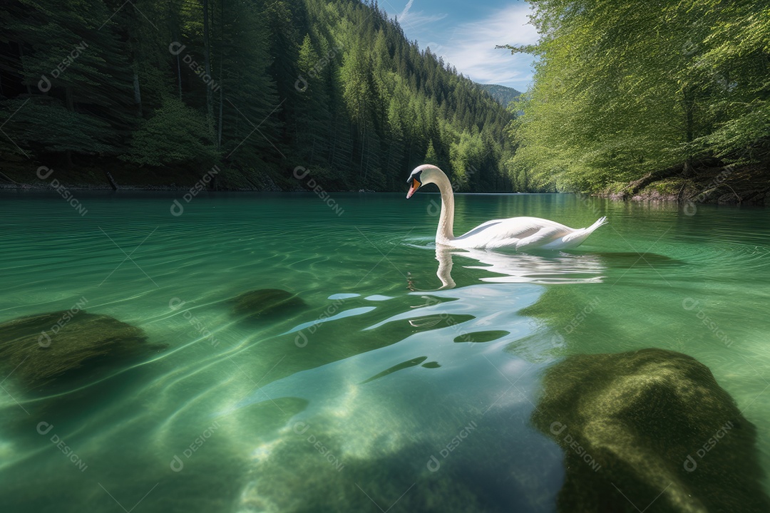 Cisne solitário deslizando em um lago sereno.