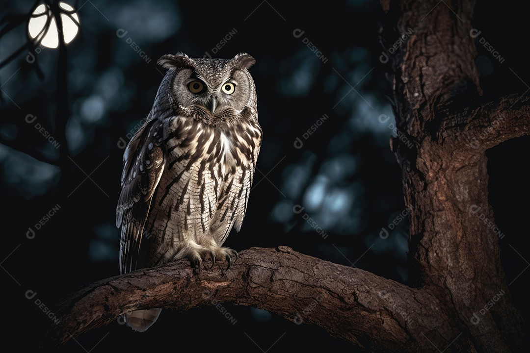 Coruja noturna no galho sob a lua cheia.