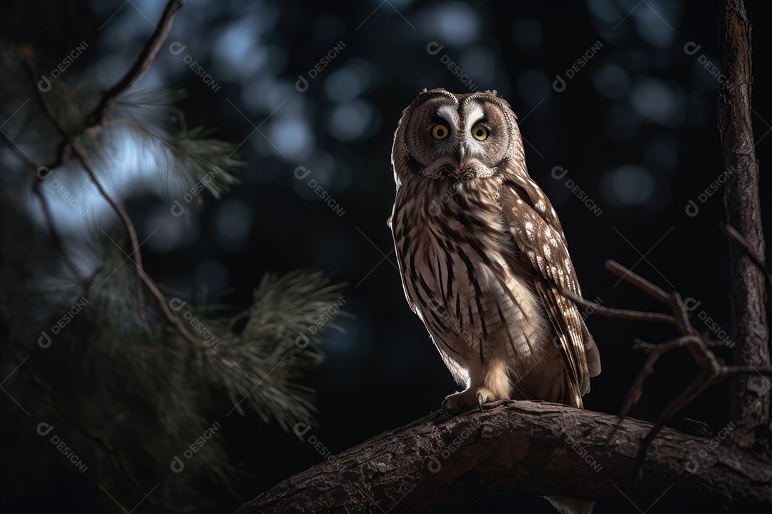 Coruja noturna no galho sob a lua cheia.
