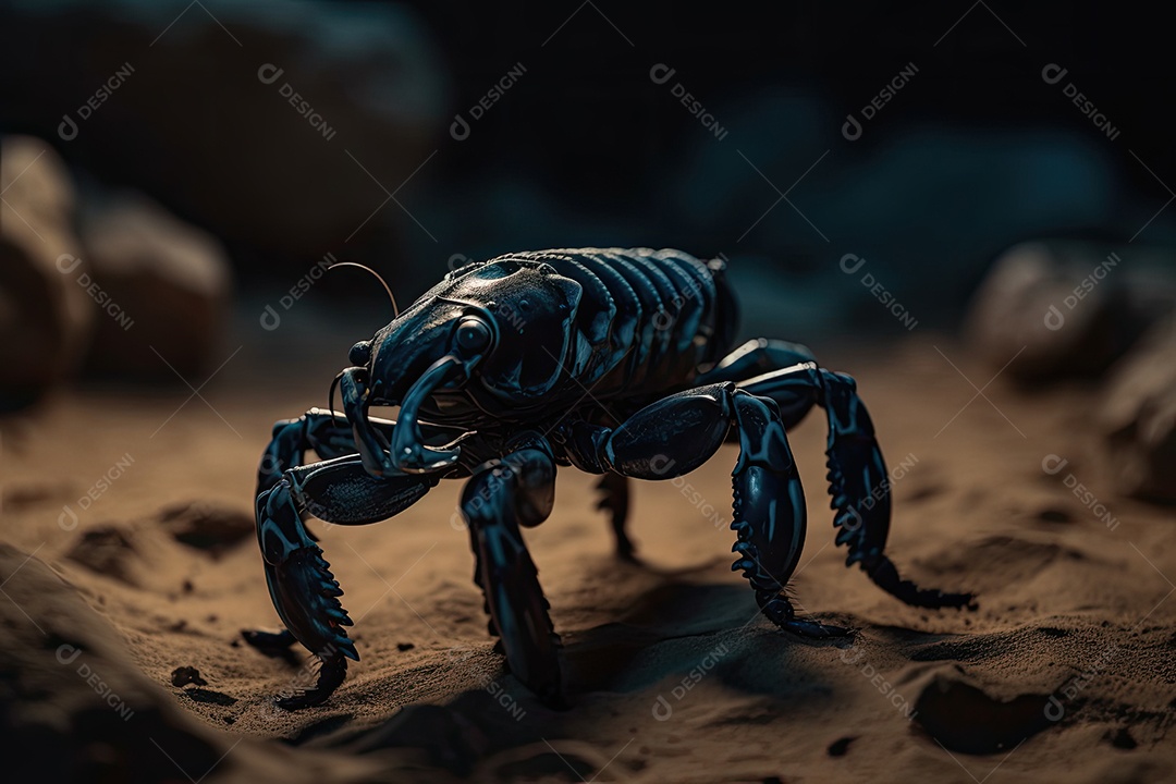 Escorpião majestoso emergindo das sombras com uma picada ameaçadora.