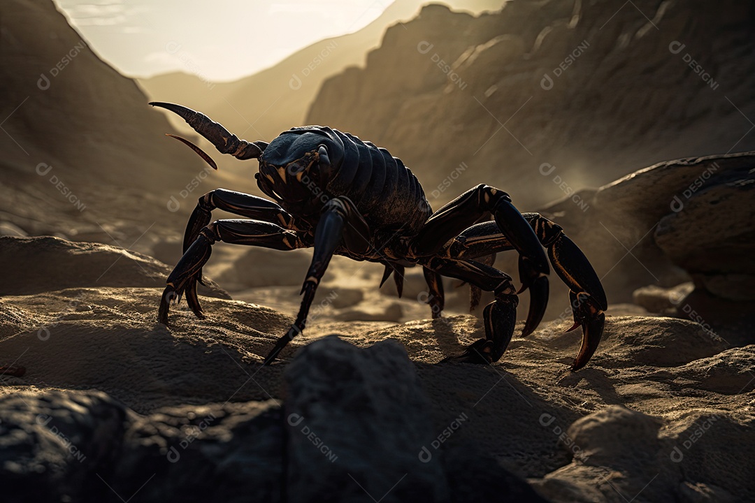 Escorpião majestoso emergindo das sombras com uma picada ameaçadora.