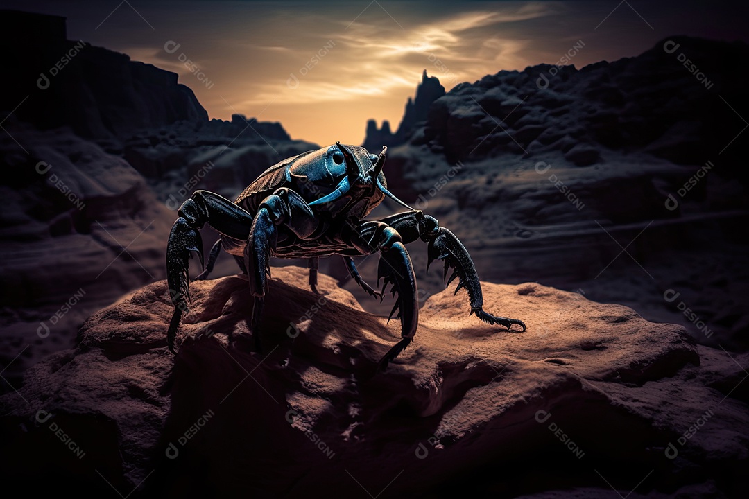 Escorpião majestoso emergindo das sombras com uma picada ameaçadora.