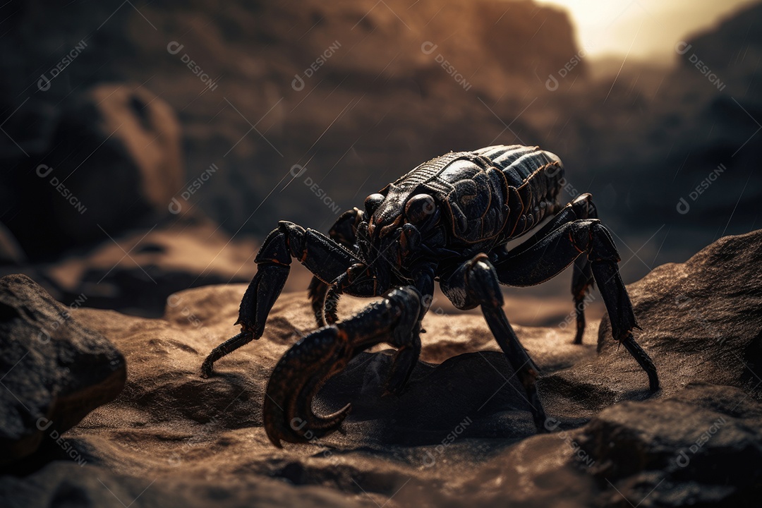 Escorpião majestoso emergindo das sombras com uma picada ameaçadora.