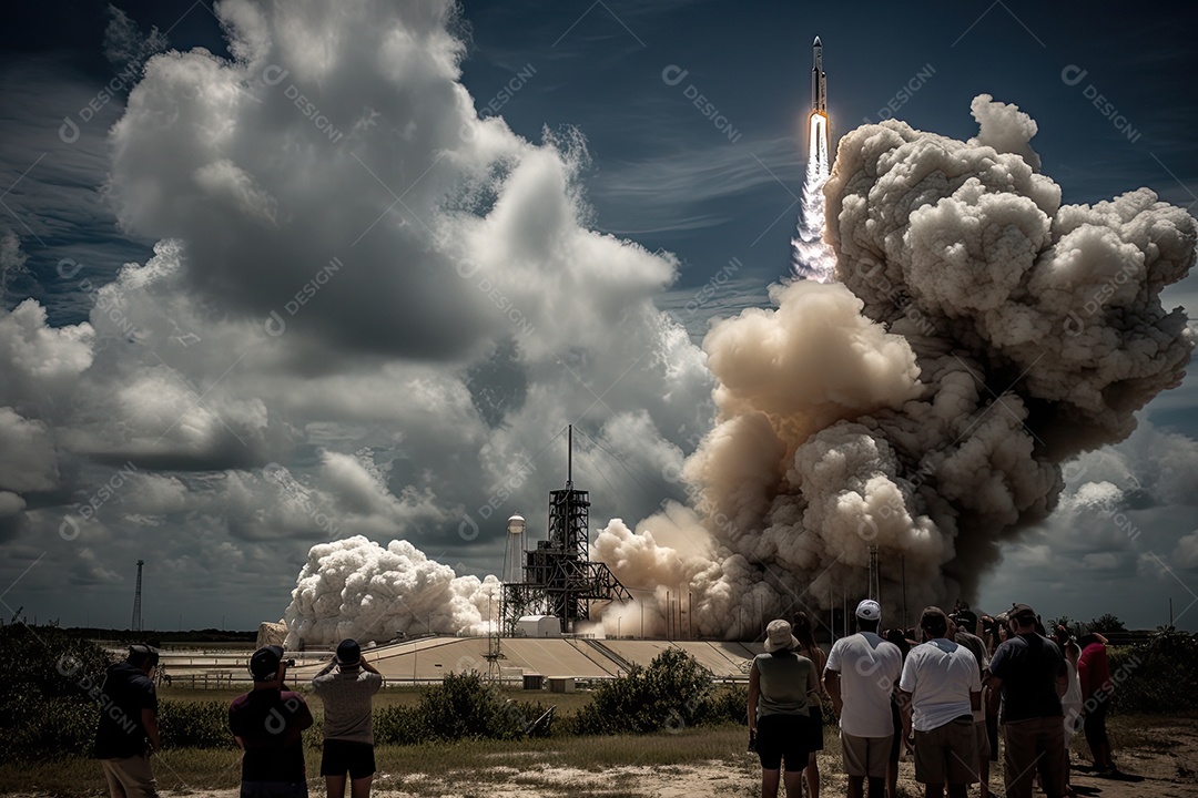 Foguete prateado sendo lançado para o céu. Emoção e poder no ar