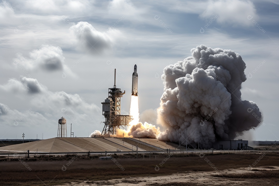 Foguete prateado sendo lançado para o céu. Emoção e poder no ar