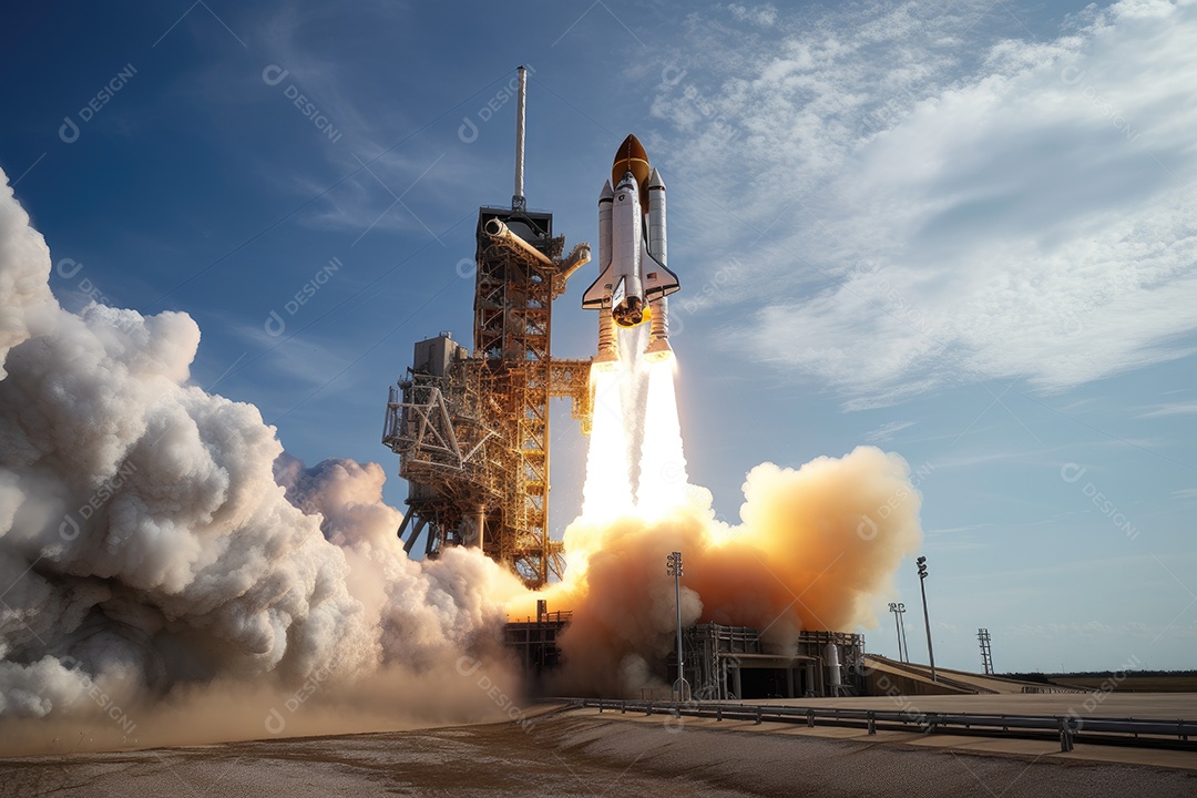 Foguete prateado sendo lançado para o céu. Emoção e poder no ar