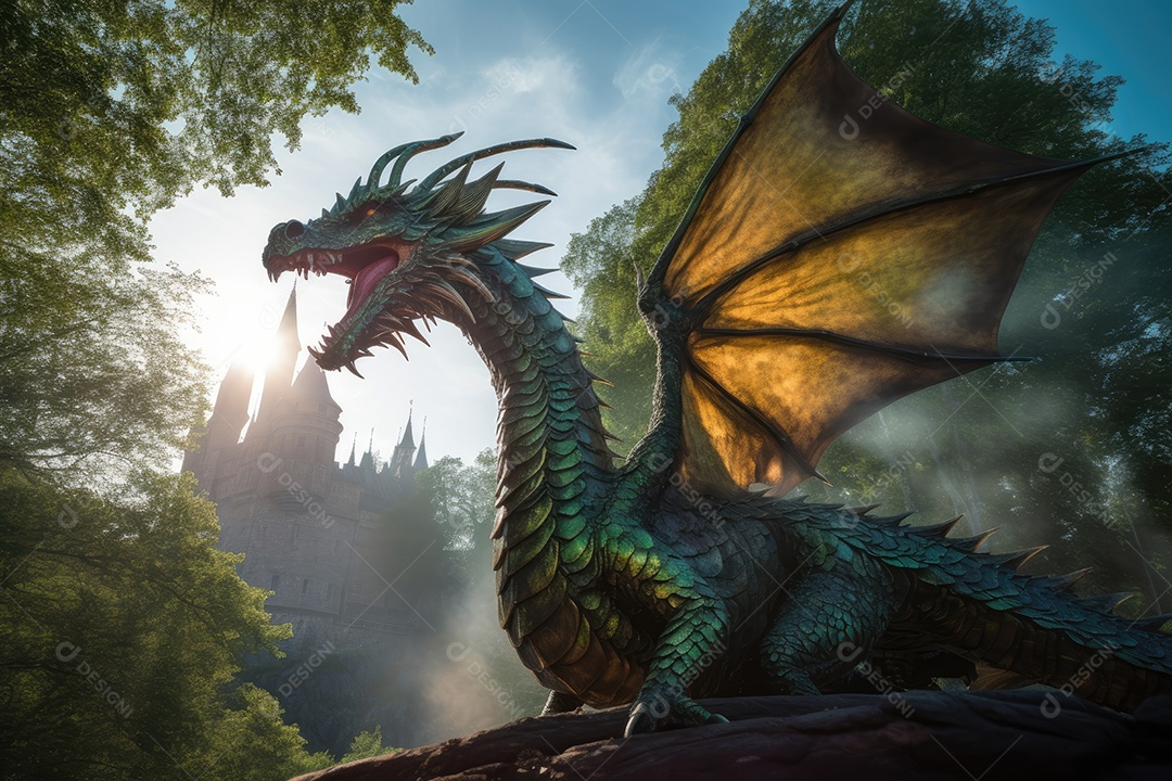 Um dragão alado surge em frente a um castelo encantado.