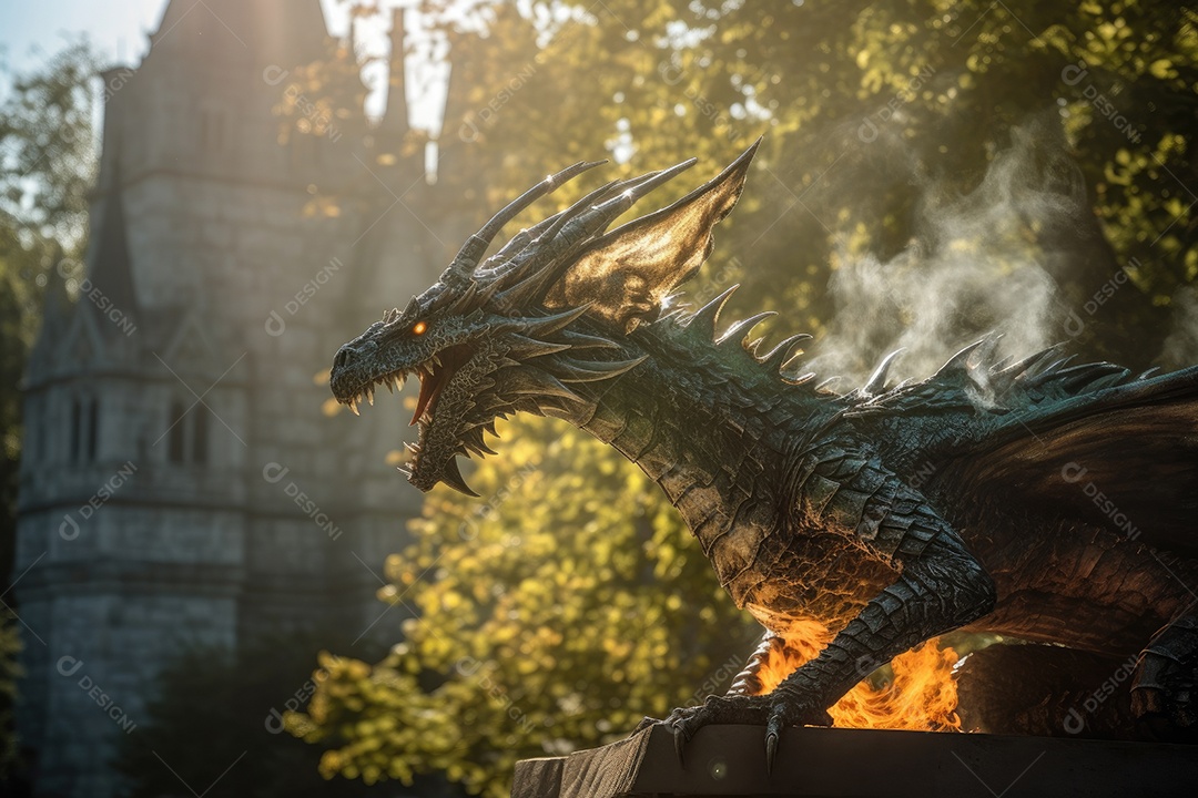 Um dragão alado surge em frente a um castelo encantado.