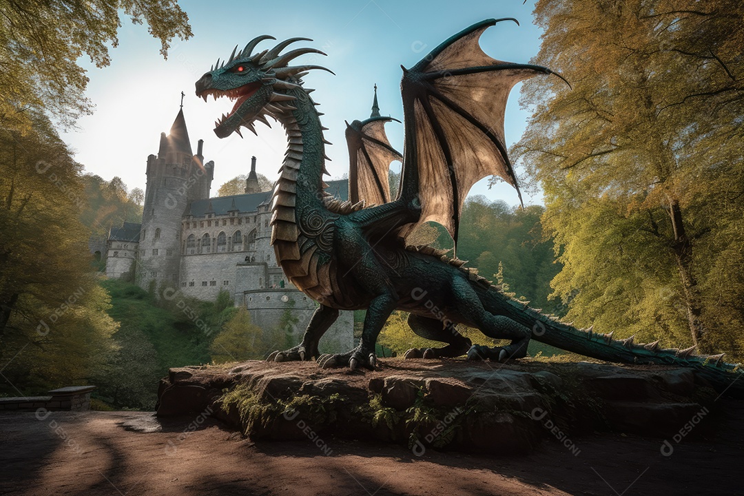 Um dragão alado surge em frente a um castelo encantado.