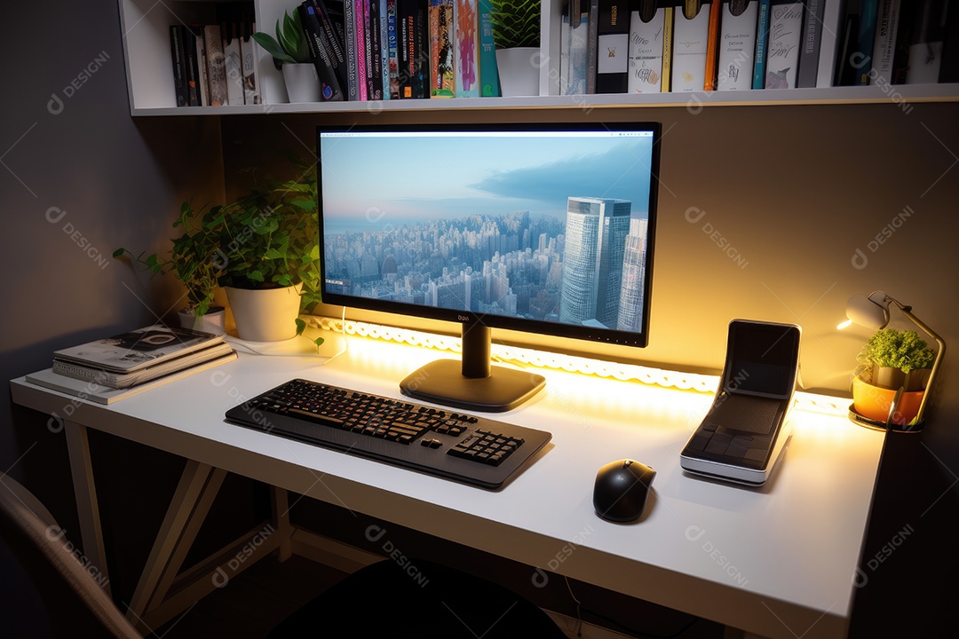 Escritório moderno com computador, monitor e livros.