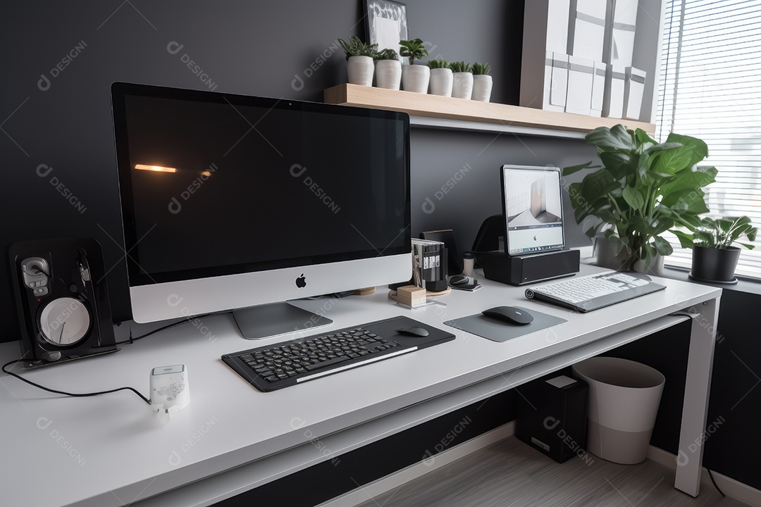 Escritório moderno com computador, monitor e livros.