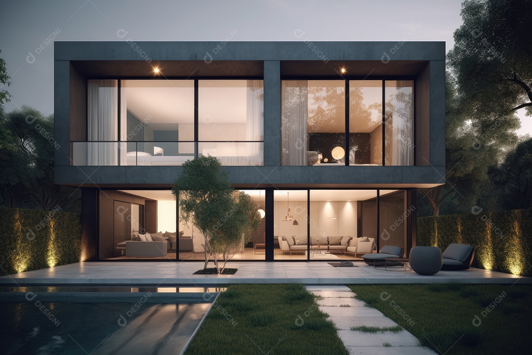 Moradia moderna de linhas minimalistas, exuberante jardim e piscina infinita.