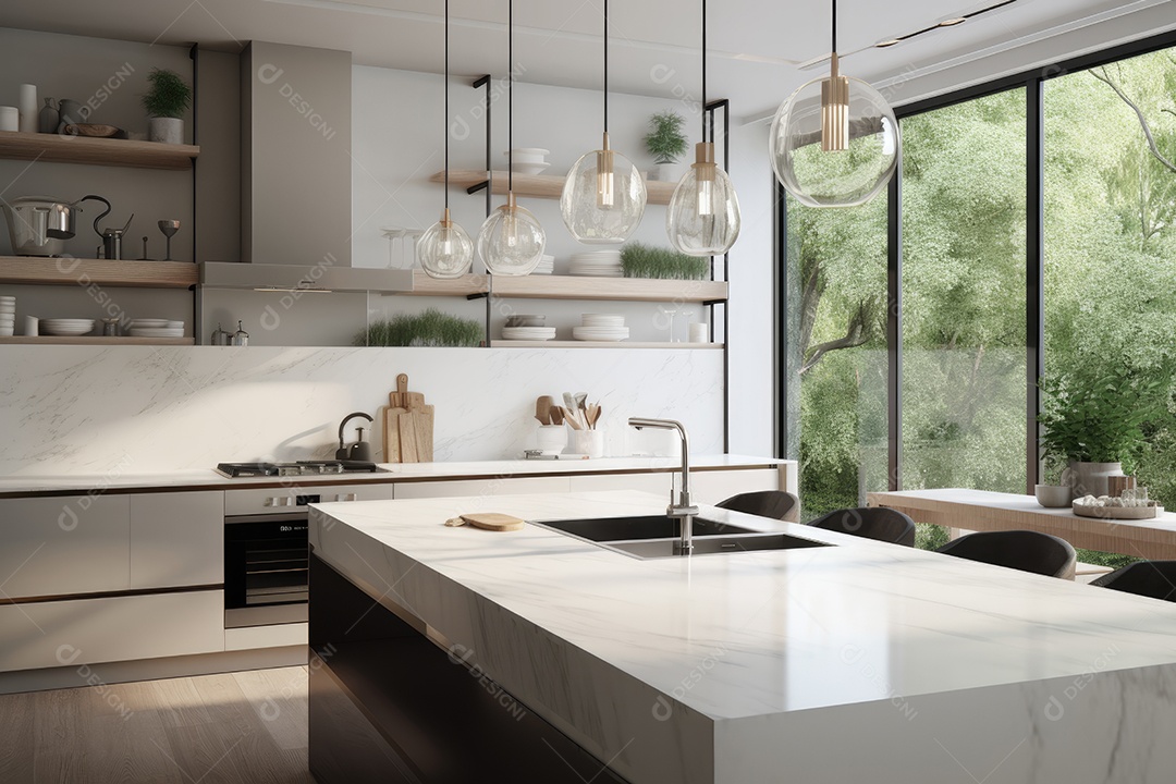 Cozinha moderna, minimalista, elegante e serena.