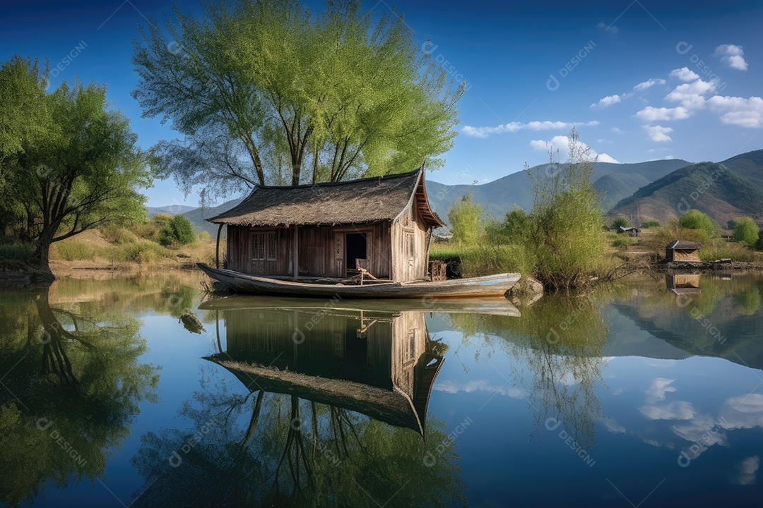 Casa de madeira serena às margens do rio.
