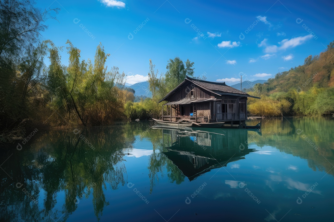 Casa de madeira serena às margens do rio.