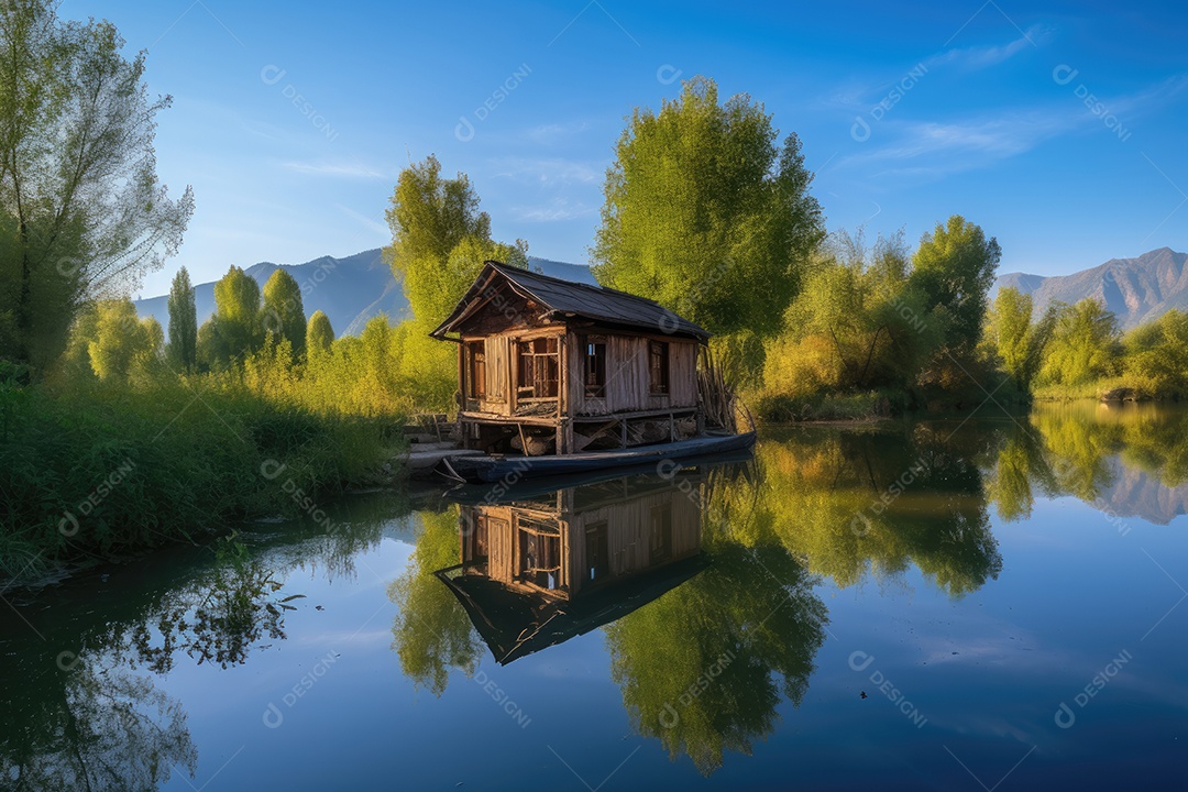 Casa de madeira serena às margens do rio.