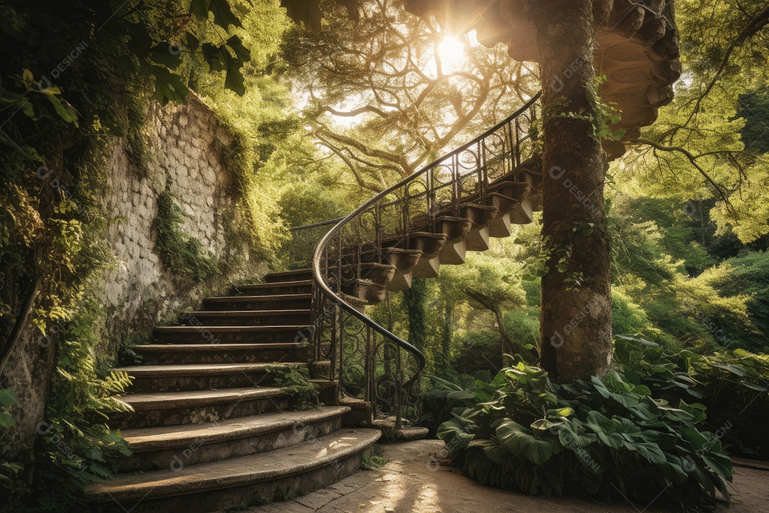 Escadaria de pedra em espiral em meio à natureza exuberante.