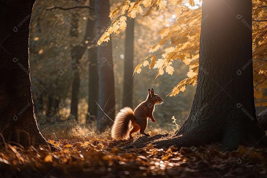 Esquilo brincando em uma floresta ensolarada, coletando nozes.