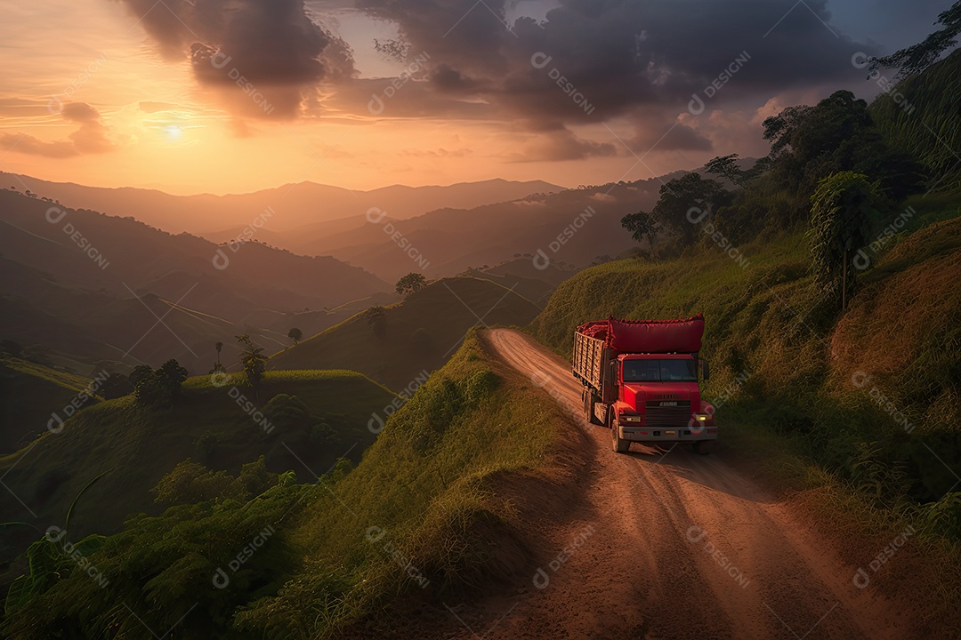 Caminhão vermelho atravessando montanhas ao pôr do sol.