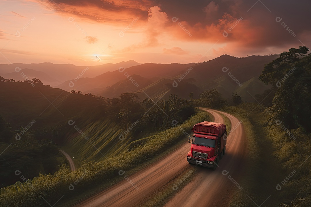 Caminhão vermelho atravessando montanhas ao pôr do sol.