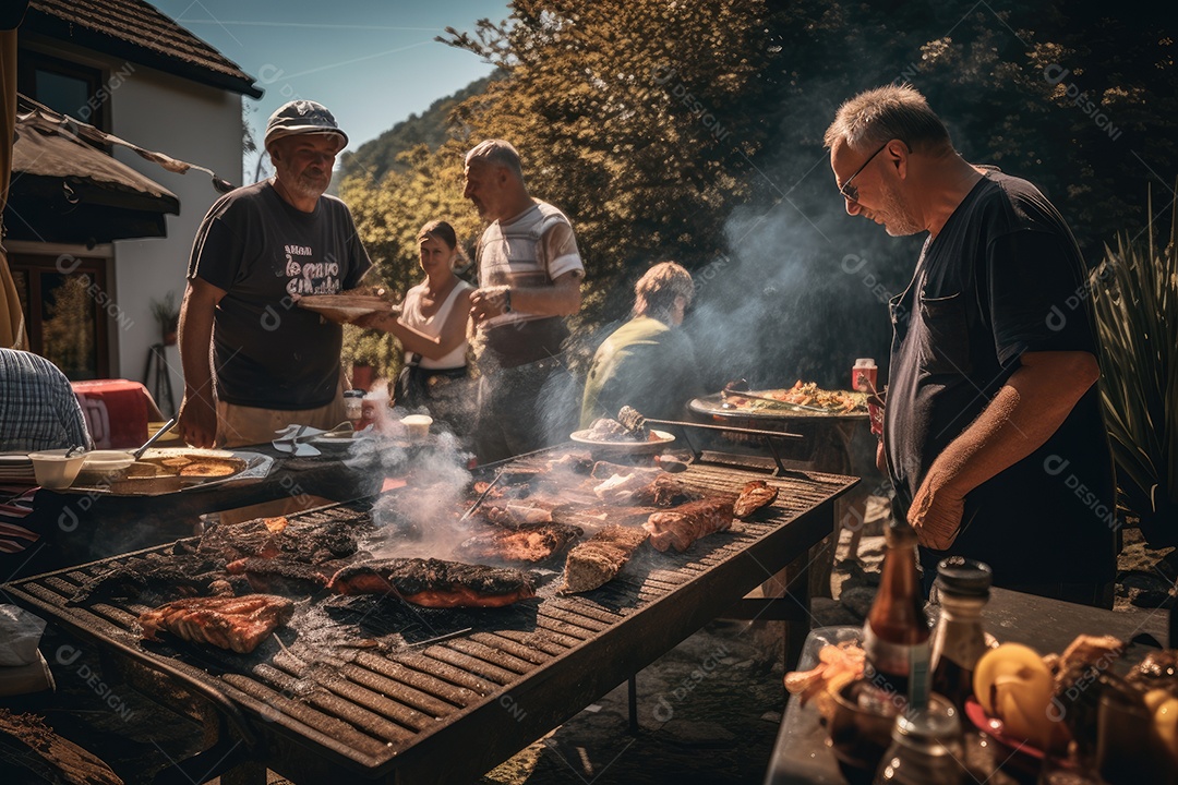 Amigos felizes em volta do churrasco.