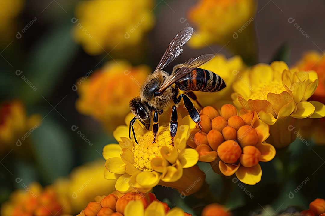 Trabalhador diligente em jardim colorido, colmeia ao fundo.