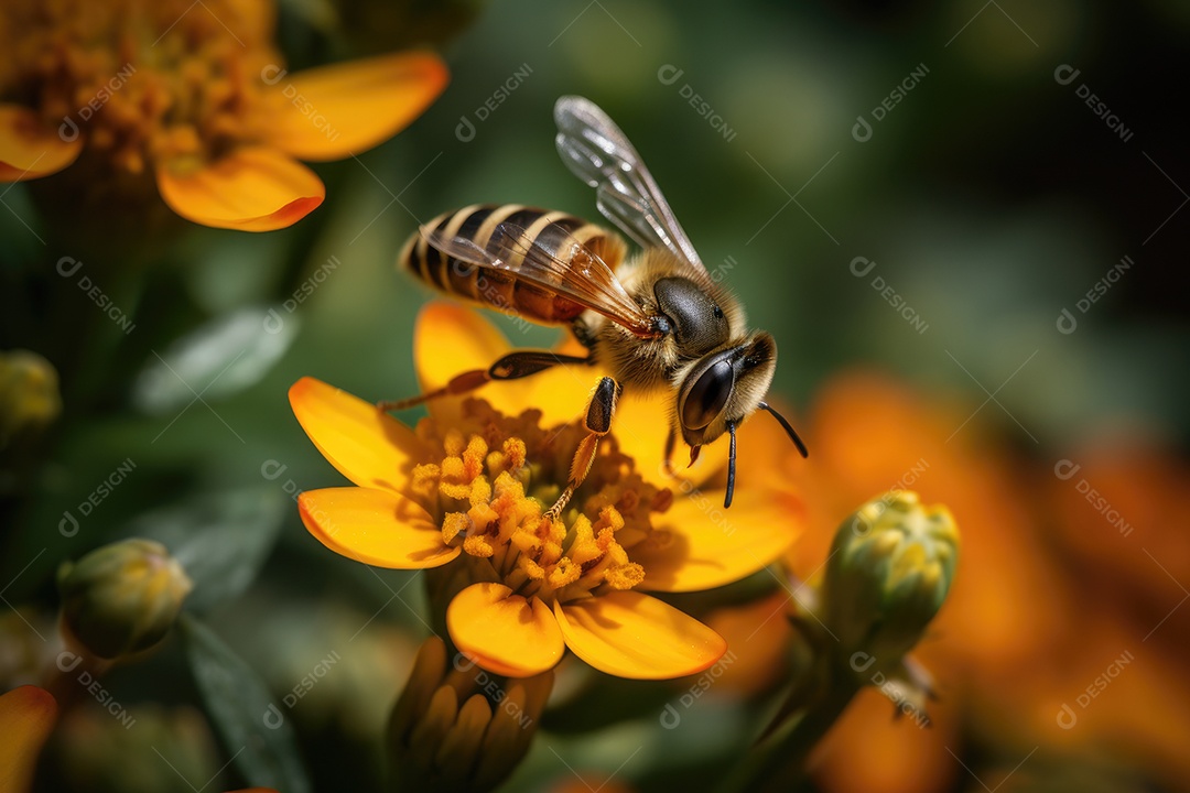 Trabalhador diligente em jardim colorido, colmeia ao fundo.