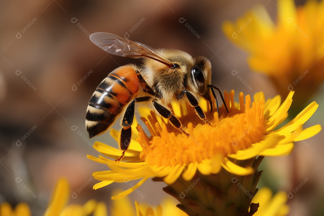 Trabalhador diligente em jardim colorido, colmeia ao fundo.