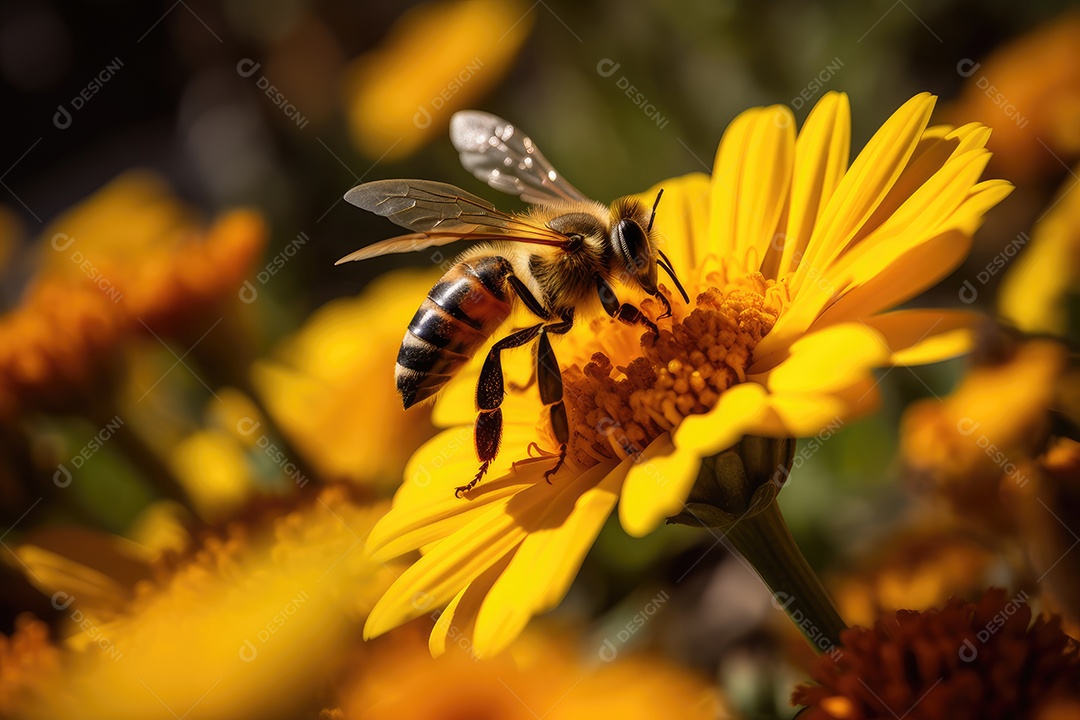 Trabalhador diligente em jardim colorido, colmeia ao fundo.