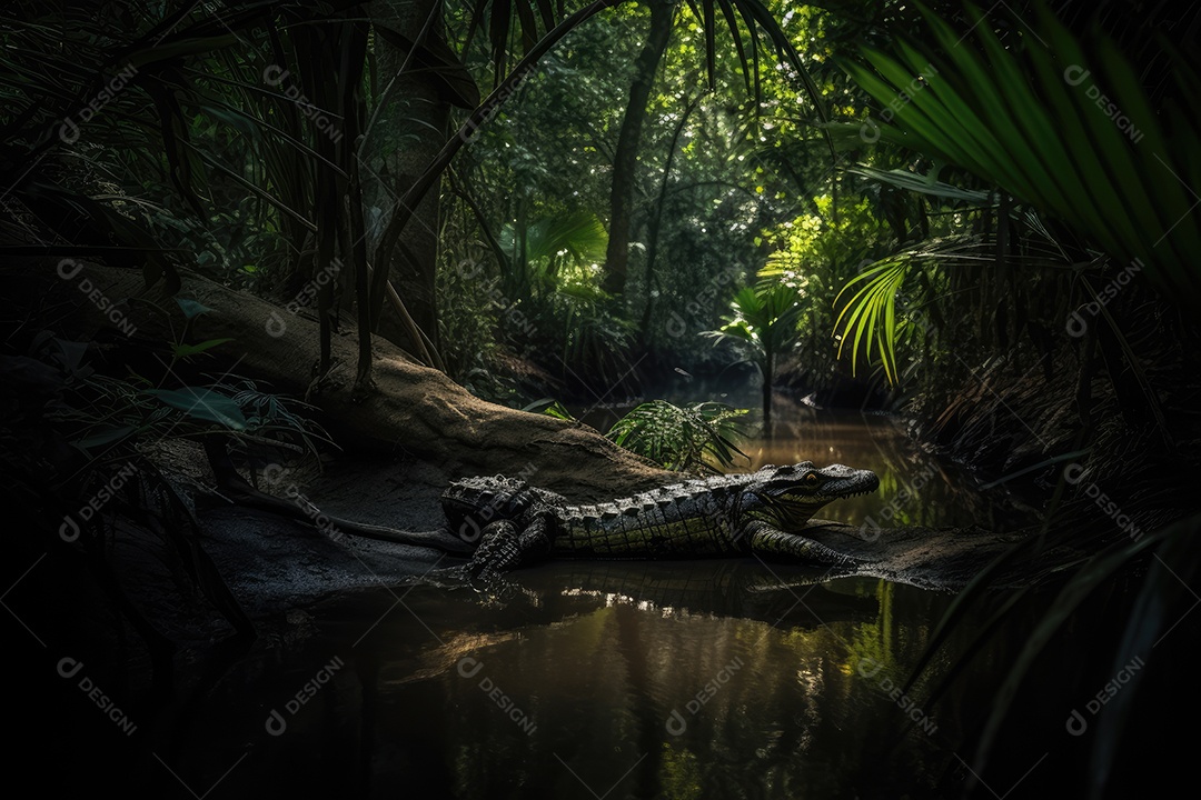 Crocodilo descansa à beira do rio na selva.