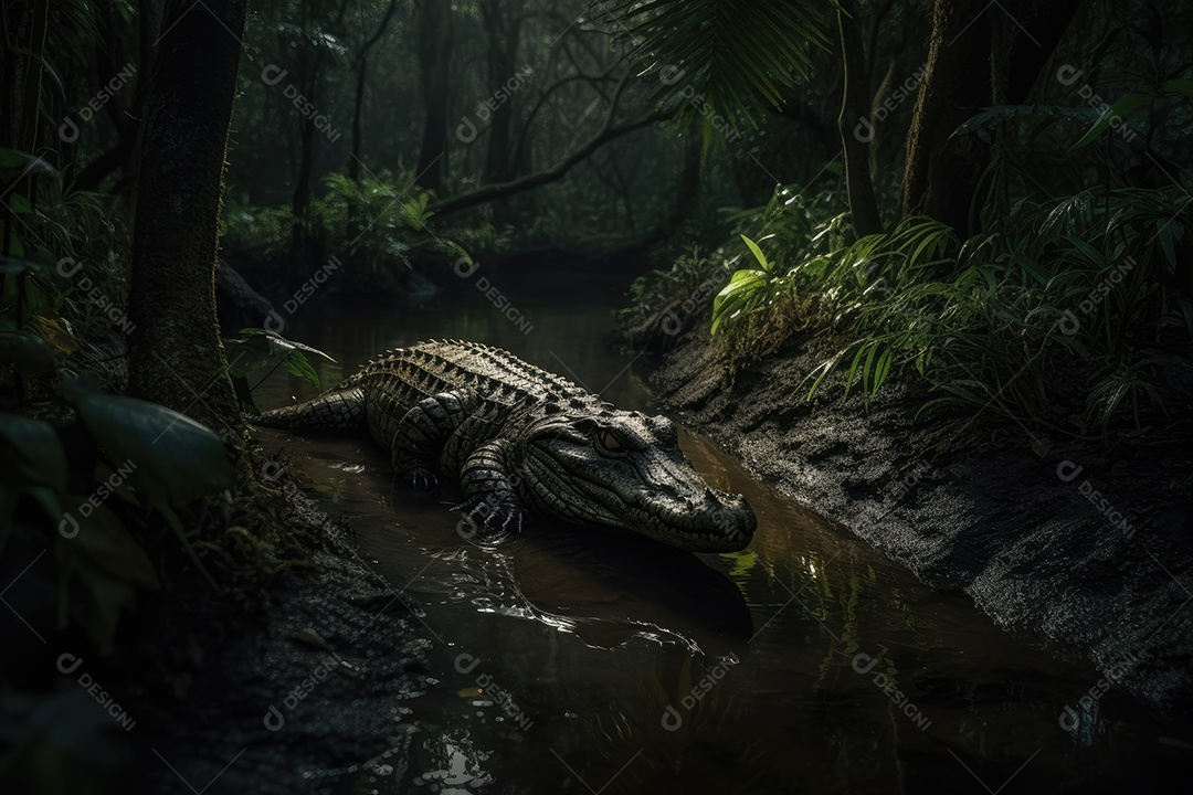 Crocodilo descansa à beira do rio na selva.