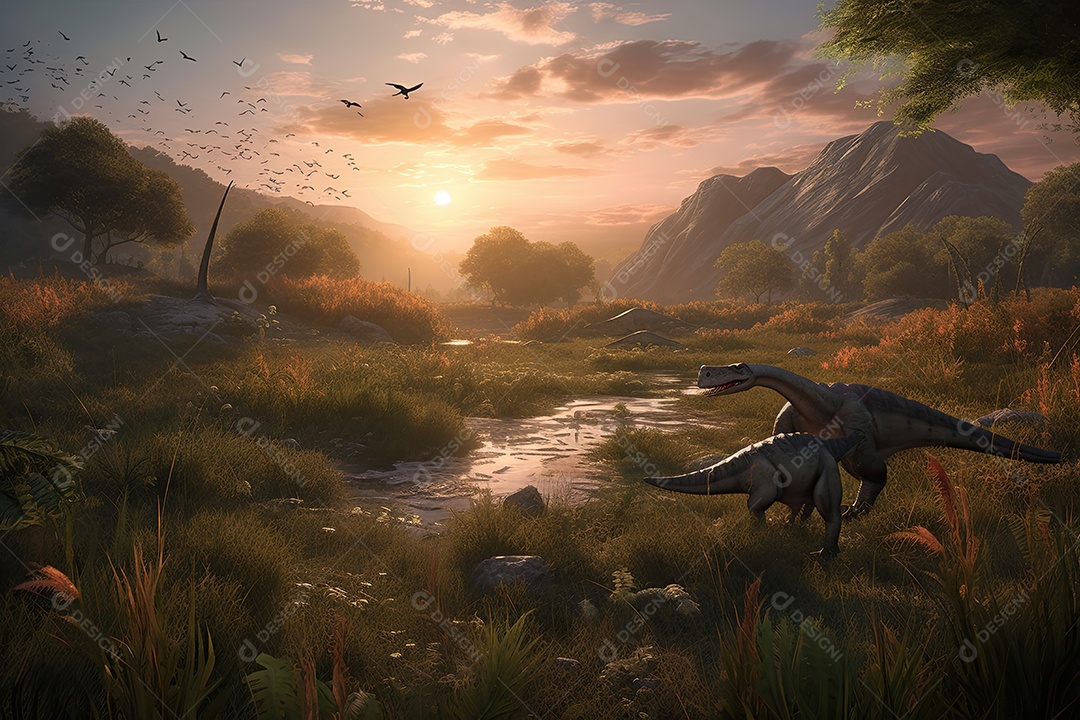 Dinossauros em harmonia num vale verdejante.