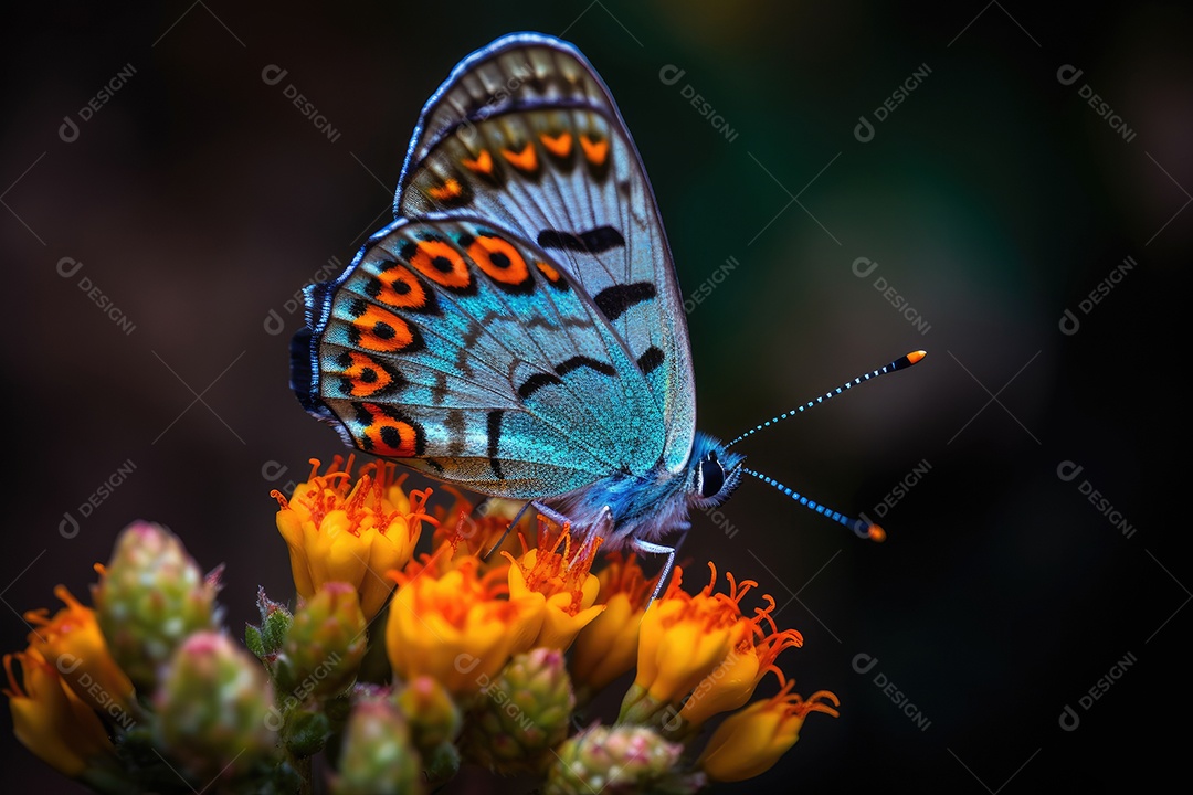 Borboleta vibrante empoleirada em flores coloridas.